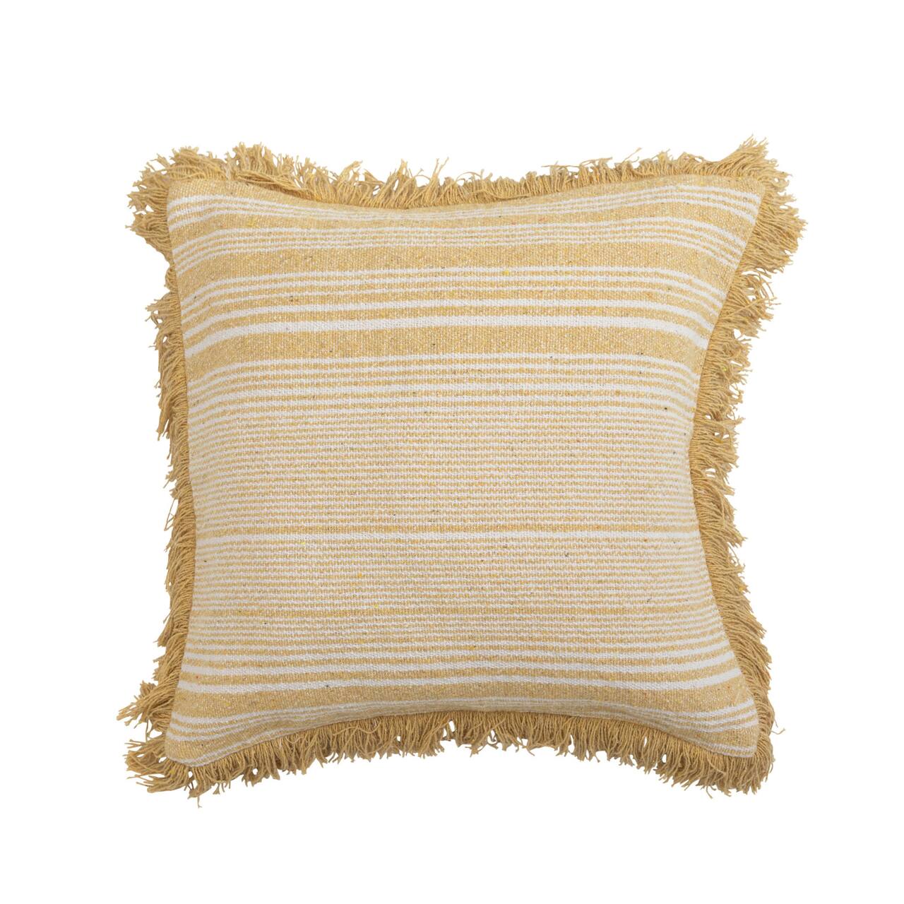 Hello Honey® Yellow & Cream Woven Recycled Cotton Blend Pillow Cover with Fringe